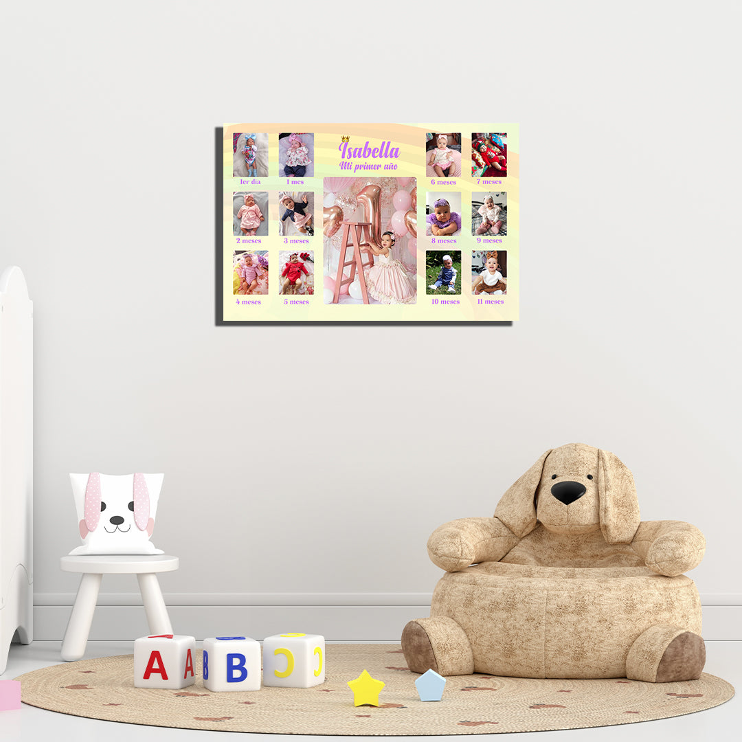 Detalle del cuadro de fotos mes a mes del primer año del bebé